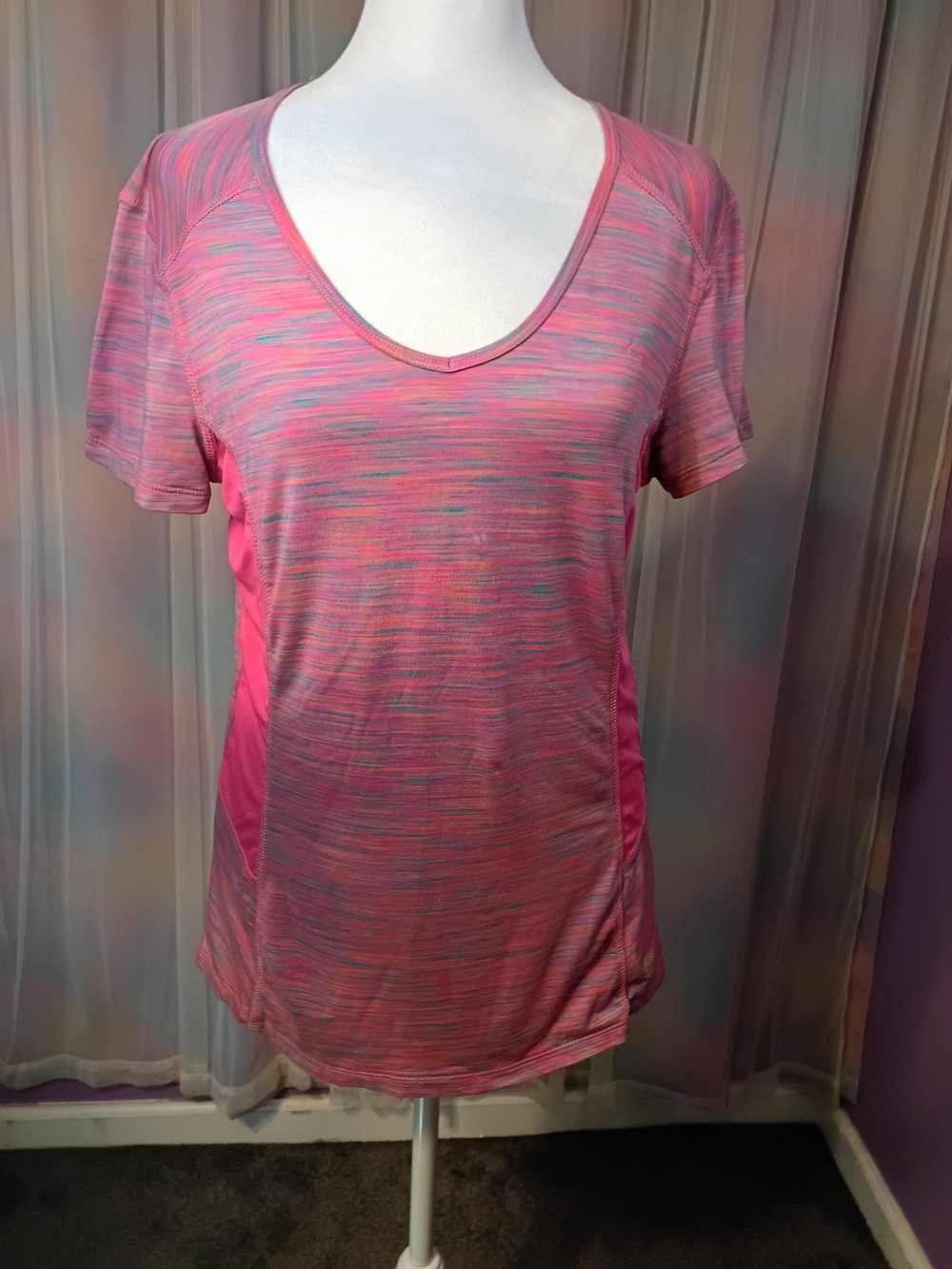 RBX Neon Pink Purple Space-Dye V-Neck Active Tee Solid Side Panels Size Medium